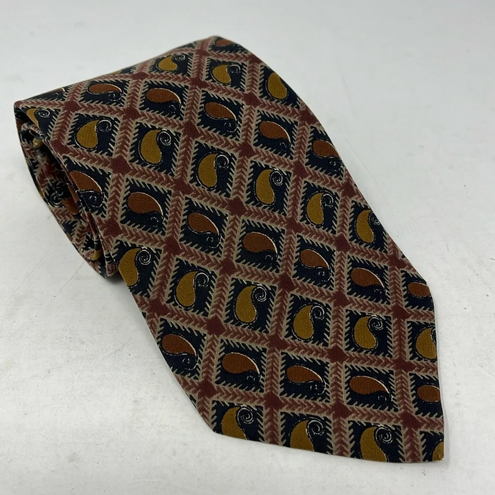 VINTAGE HUGO BOSS TIE PAISLEY BROWNS 100% SILK MADE IN ITALY